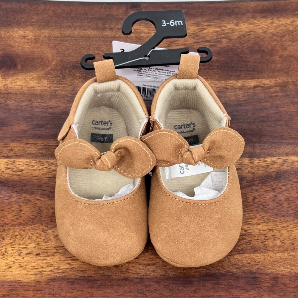Carter's Child of Mine Mary Jane Baby Girl 3-6M Tan Bow Soft Sole Crib Shoes